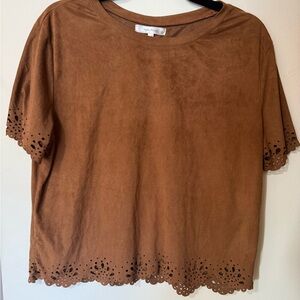 Faux suede / Brown / Eyelet / short sleeve top / size L / festival / boho